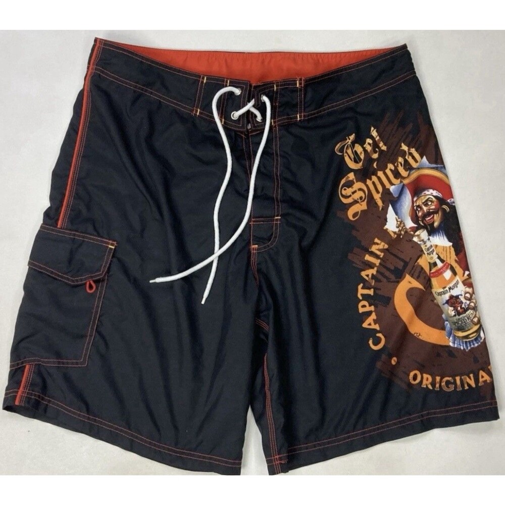 Captain Morgan Swim Trunks Mens 34 Black Board Shorts Summer Casual Pool Party